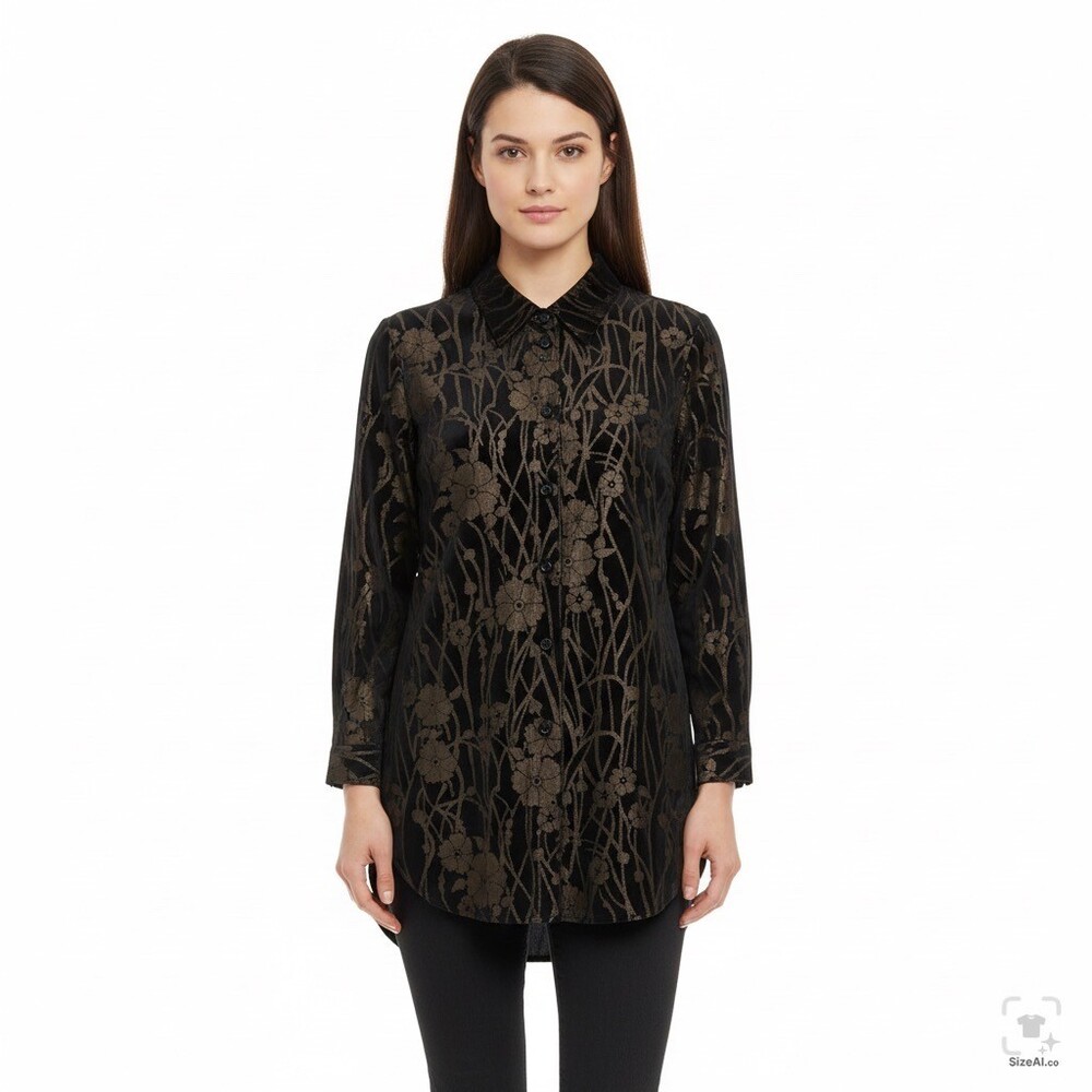 Caroline Rose Black Floral Tunic Jacket M Textured Button Front Longline